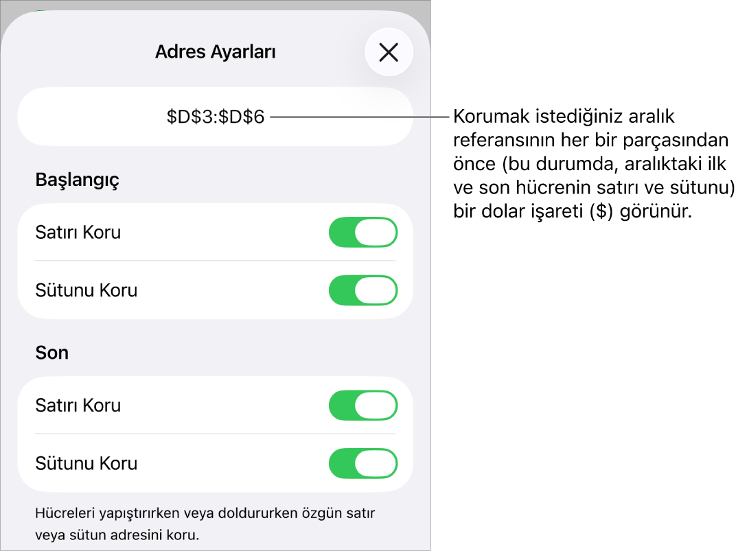 Hücre silindiğinde veya taşındığında hücrenin satır ve sütun referanslarının belirtilmesini sağlayan denetimler. Korumak istediğiniz aralık referansının her bir bölümünden önce bir dolar işareti görünür.