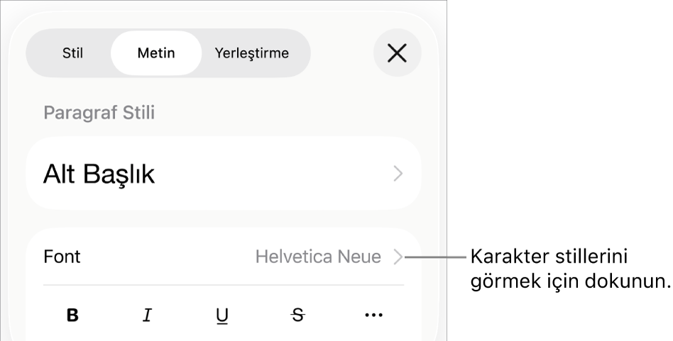 En üstteki paragraf stilleri ile Biçim denetimleri, ardından Font denetimleri. Font’un altında Kalın, İtalik, Altı Çizgili, Üstü Çizgili ve Daha Fazla Metin Seçeneği düğmeleri bulunur.