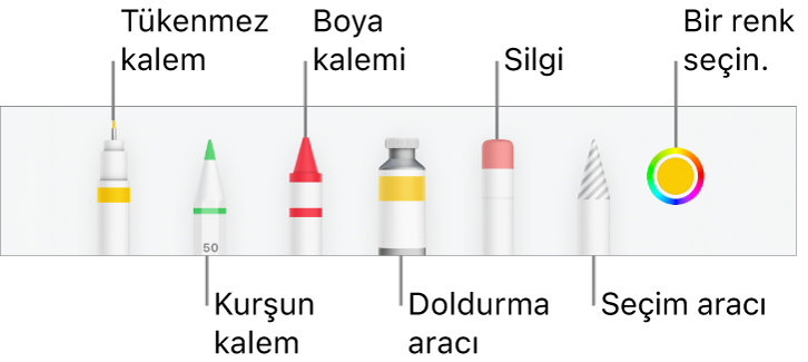 iPhone’daki Numbers’da kalem, kurşun kalem, mum boya, doldurma aracı, silgi, seçim aracı ve mevcut rengi gösteren renk kutusunu içeren çizim araç çubuğu.