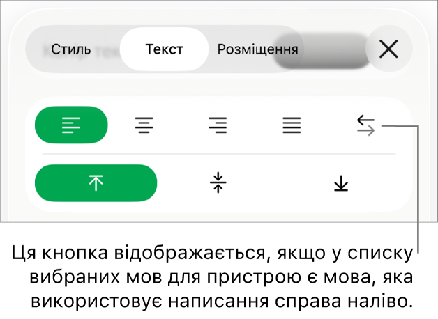 Розділ «Стиль» у меню «Формат» з виноскою на кнопку «Справа наліво».