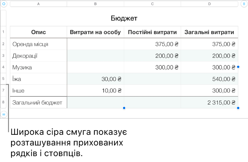 Широка сіра смуга, що показує розташування прихованих рядків і стовпців