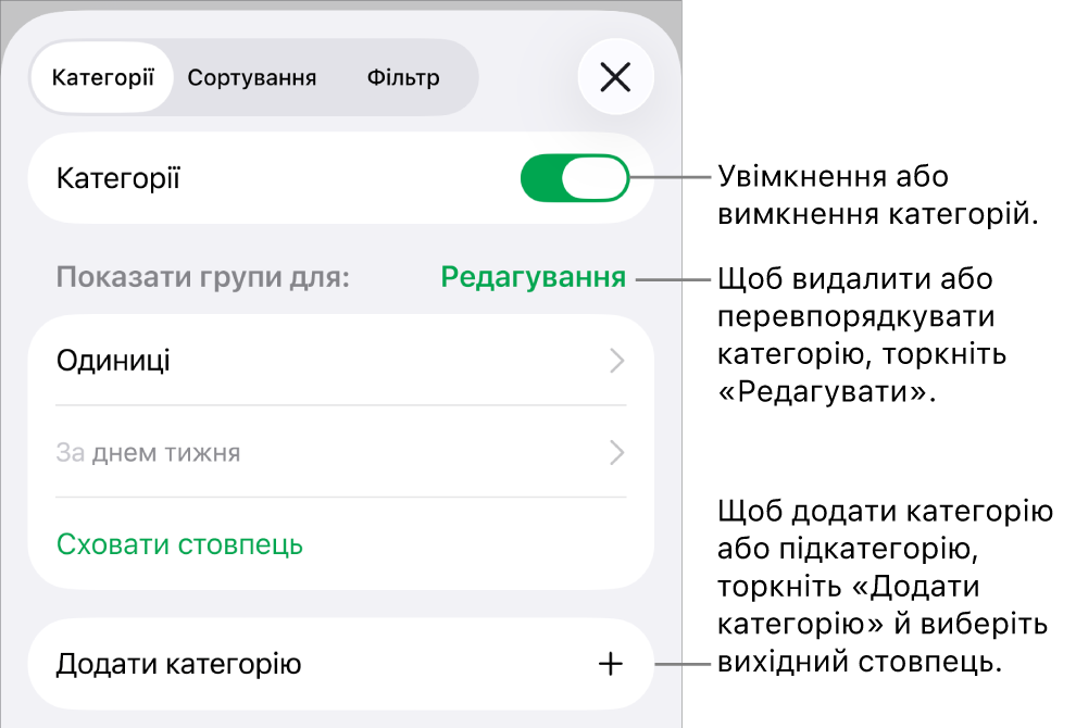 Меню категорій для iPhone містить опції для вимикання й видалення категорій, перегрупування даних, приховування вихідного стовпця й додавання категорій.
