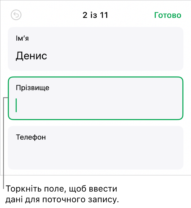Запис у формі з активним полем і точкою вставлення.