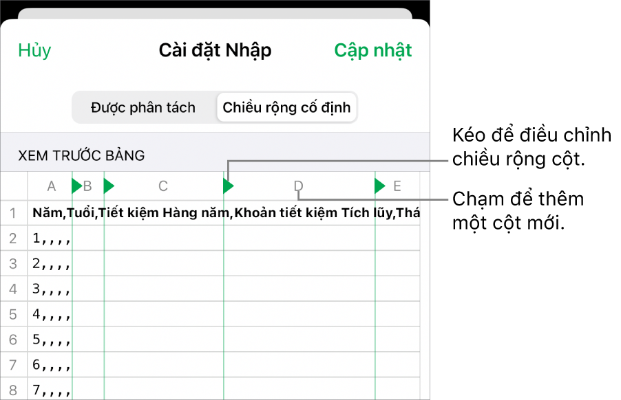 Cài đặt nhập cho tệp văn bản chiều rộng cố định.