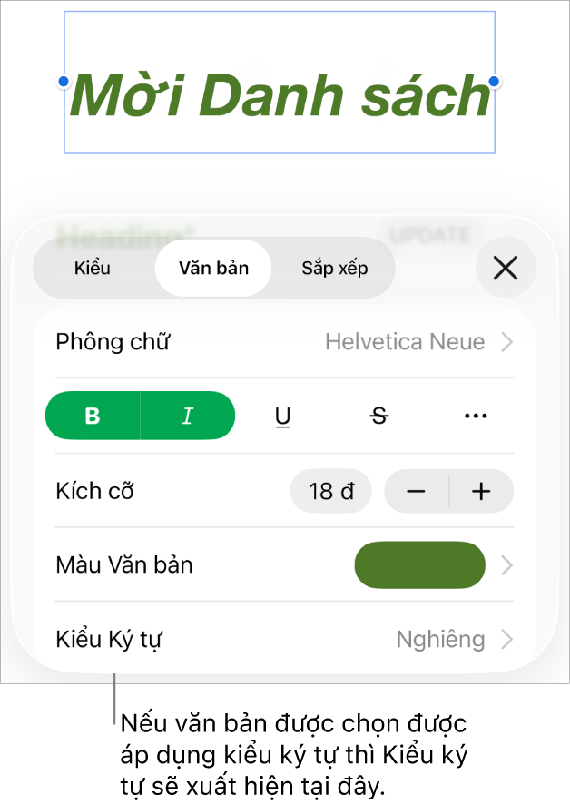 Các điều khiển định dạng Văn bản với Kiểu ký tự bên dưới các điều khiển Màu. Kiểu ký tự Không xuất hiện cùng với dấu hoa thị.