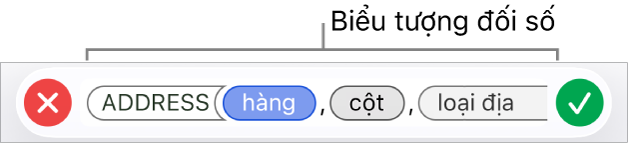 Trình sửa công thức đang hiển thị hàm với các mã thông báo đối số.