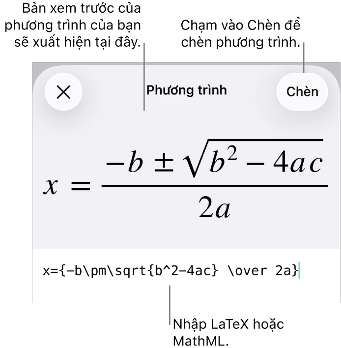 Hộp thoại Phương trình, đang hiển thị phương trình được viết bằng các lệnh MathML và bản xem trước của công thức ở bên trên.