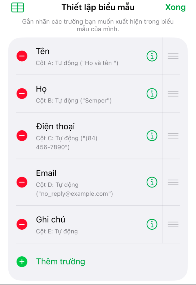 Các điều khiển thiết lập biểu mẫu, đang hiển thị các tùy chọn để thêm, sửa, sắp xếp lại và xóa các trường cũng như để thay đổi định dạng của các trường (chẳng hạn như từ Văn bản thành Phần trăm).