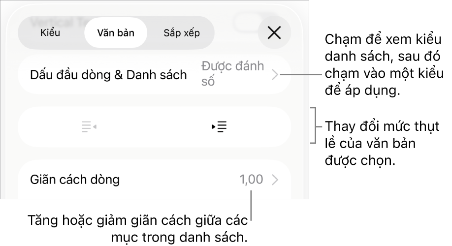 Phần Dấu đầu dòng & Danh sách của điều khiển Định dạng với các chú thích đến Dấu đầu dòng & Danh sách, các nút thụt lề và nhô lề và các điều khiển giãn cách dòng.