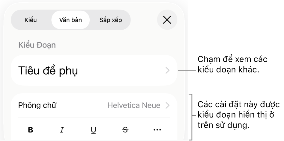 Menu Định dạng đang hiển thị các điều khiển văn bản để đặt kiểu, phông chữ, kích cỡ và màu của đoạn và ký tự.