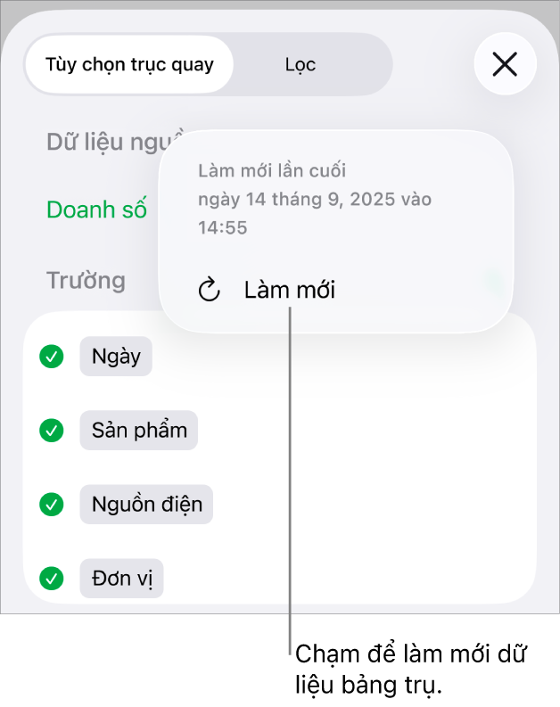 Menu Tùy chọn trục quay đang hiển thị tùy chọn làm mới bảng trụ.