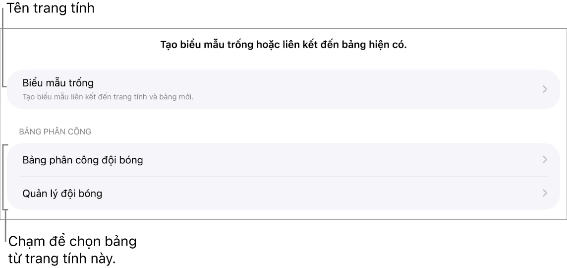 Danh sách các bảng trong cùng một bảng tính, với tùy chọn để tạo biểu mẫu trống ở trên cùng.