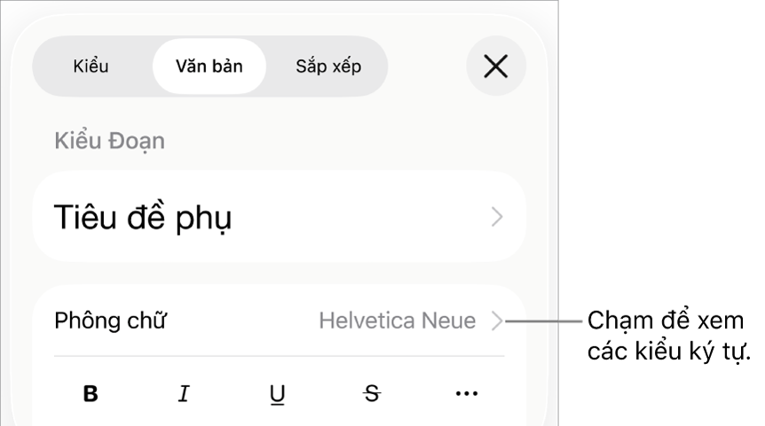 Các điều khiển Định dạng với các kiểu đoạn ở trên cùng, sau đó là các điều khiển Phông chữ. Bên dưới Phông chữ là các nút In đậm, In nghiêng, Gạch chân, Gạch xuyên và Tùy chọn văn bản khác.