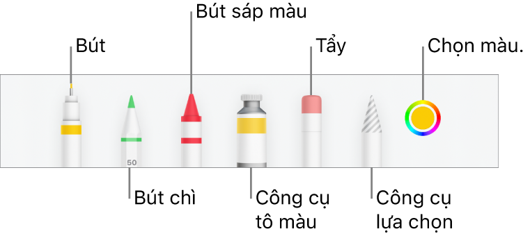 Thanh công cụ vẽ trong Numbers trên iPhone với bút, bút chì, bút sáp màu, công cụ tô màu, tẩy, công cụ chọn và ô màu hiển thị màu hiện tại.