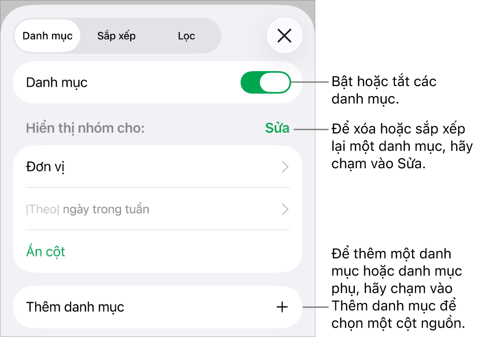 Menu Danh mục cho iPhone với các tùy chọn để tắt danh mục, xóa danh mục, nhóm lại dữ liệu, ẩn cột nguồn và thêm danh mục.