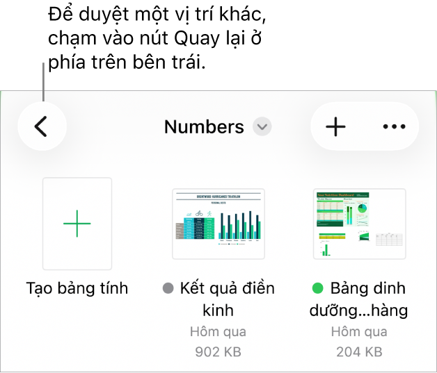 Chế độ xem duyệt của trình quản lý tài liệu với một liên kết vị trí ở góc trên cùng bên trái và bên dưới là trường Tìm kiếm. Ở góc trên cùng bên phải là nút Thêm bảng tính và nút Thêm. Ở cuối màn hình là nút Gần đây và nút Duyệt.