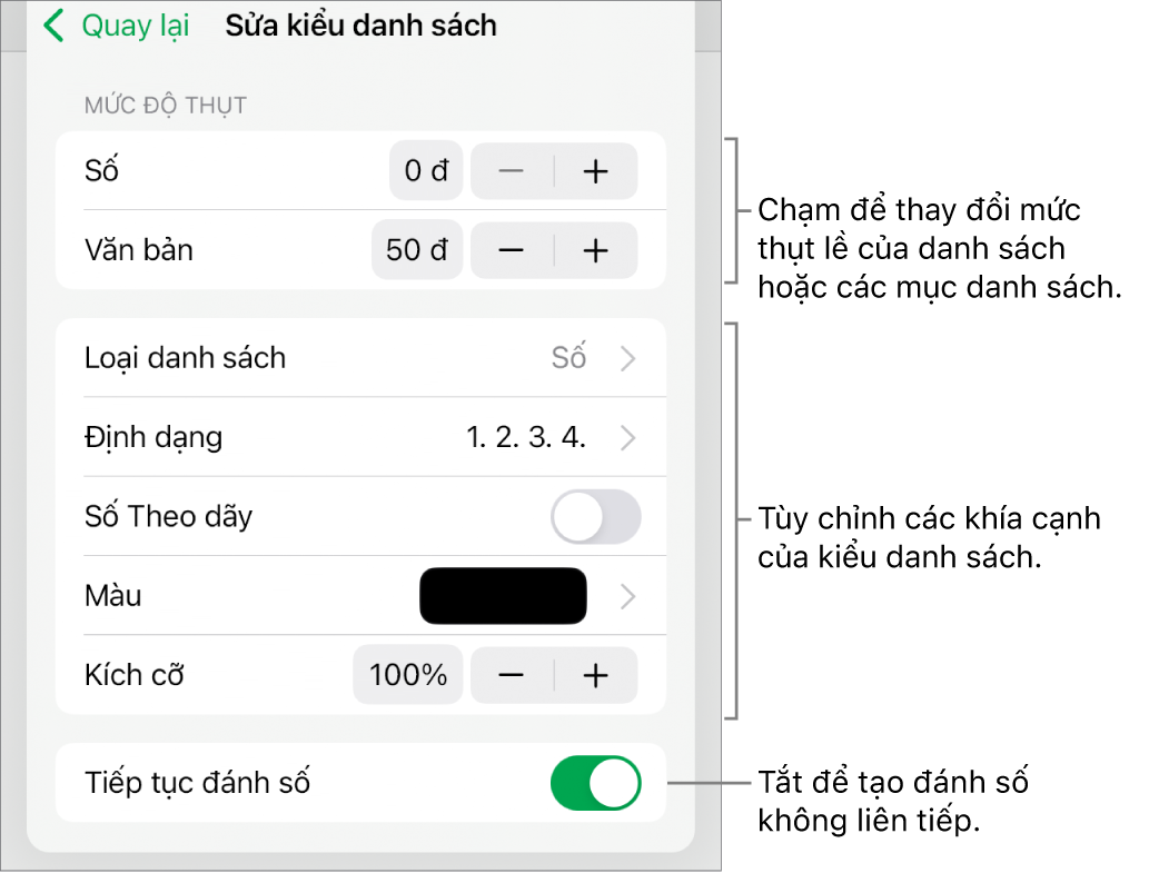 Menu Sửa kiểu danh sách với các điều khiển cho giãn cách thụt lề, kích cỡ và màu danh sách cũng như đánh số tiếp tục.