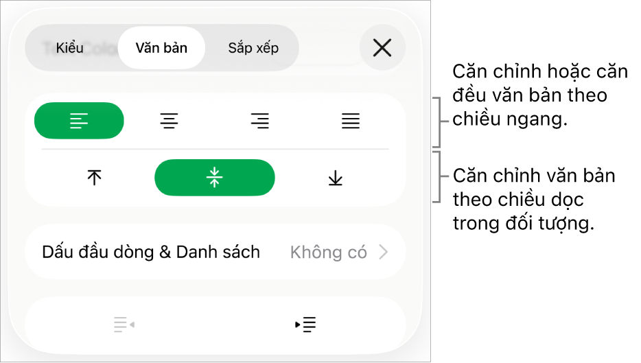 Phần Bố cục của trình kiểm tra Định dạng với các lời nhắc đến các nút căn chỉnh văn bản và giãn cách.