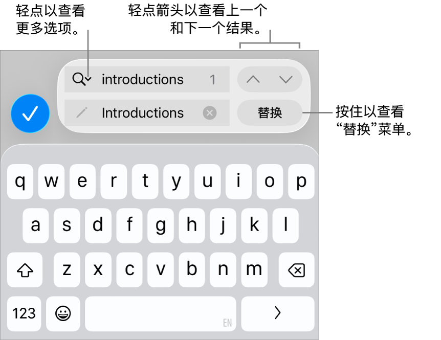 键盘上方的“查找与替换”控制,标注框指向“搜索选项”、“替换”、“前往上一个”和“前往下一个”按钮。