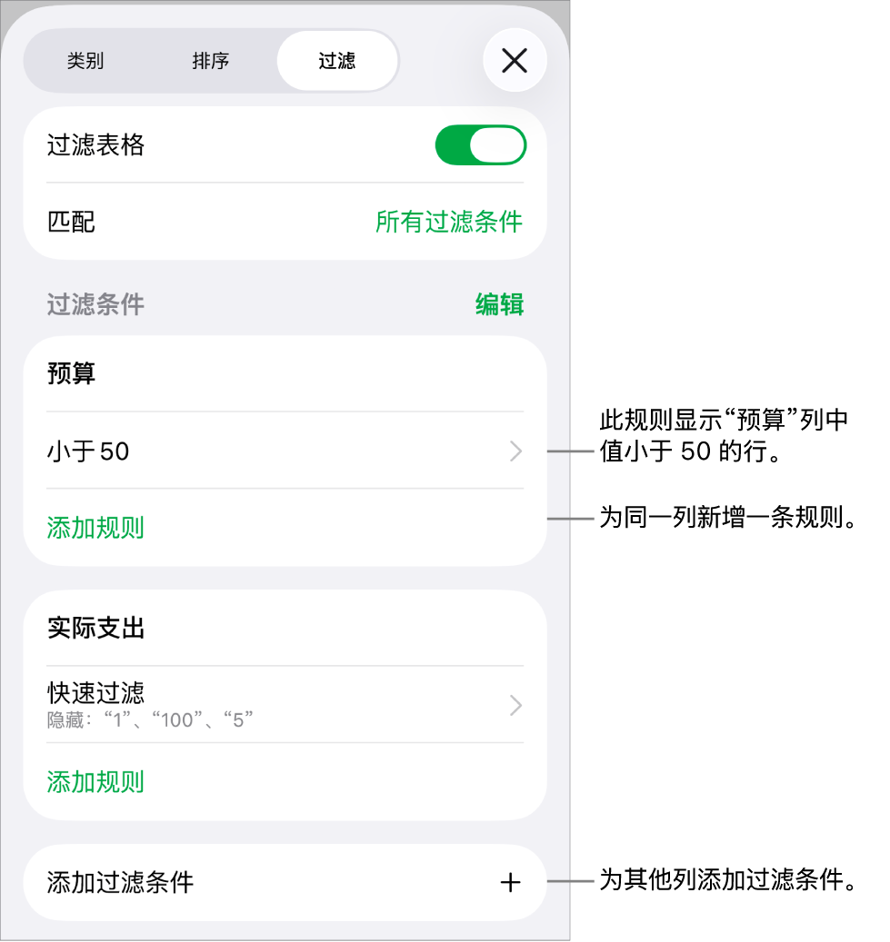 用于添加新过滤规则或编辑现有过滤规则的控制。