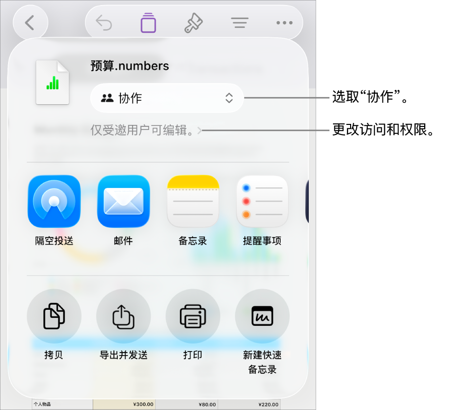 “共享”菜单,顶部已选中“协作”,下方是访问和权限设置。
