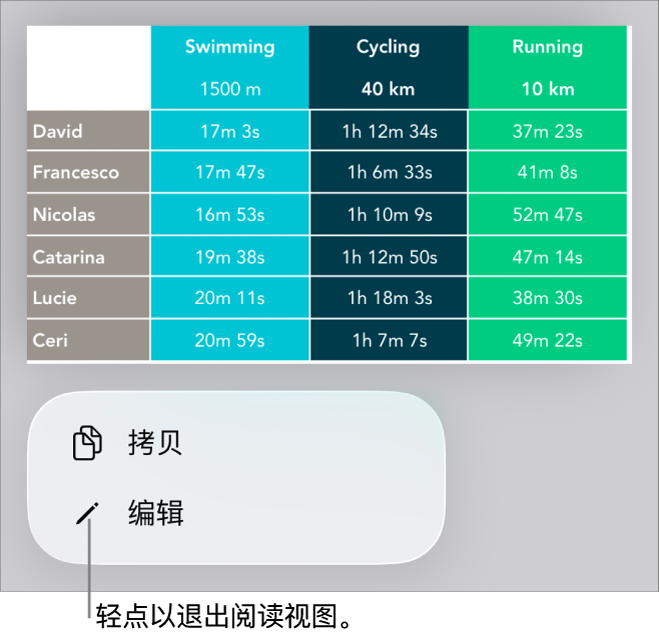一个表格被选中,其下方是带有“拷贝”和“编辑”按钮的菜单。