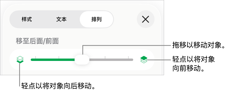 “后移”按钮、“前移”按钮和叠层滑块。