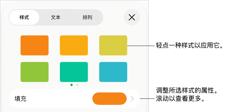 “格式”菜单中的“样式”标签,顶部为对象样式,样式下方为更改填充的控制。