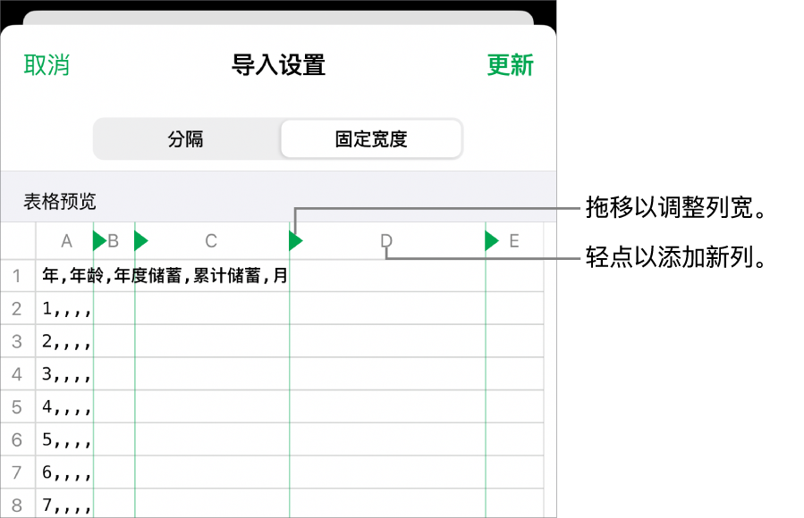 固定列宽的文本文件的导入设置。
