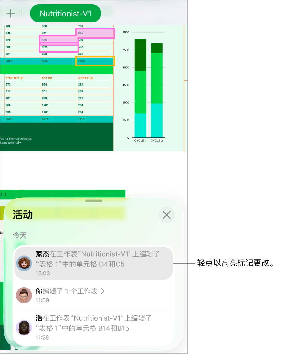 协作菜单和活动列表都已打开的协作电子表格。