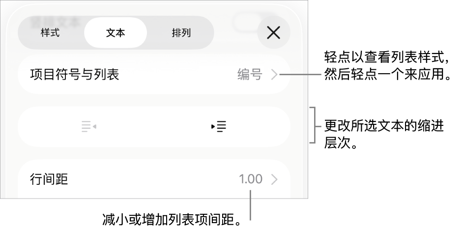 “格式”控制的“项目符号与列表”部分,其中标注框指向“项目符号与列表”、减少缩进和缩进按钮以及行间距控制。