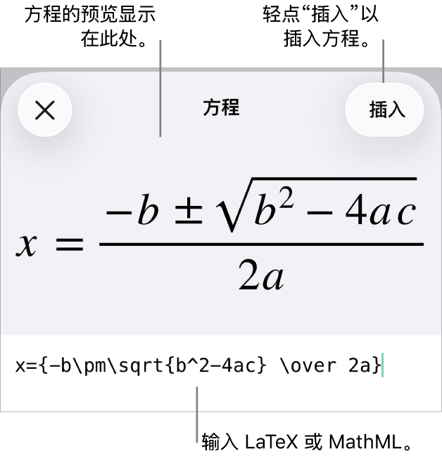 “方程”对话框,显示使用 MathML 命令所写的方程,以及上方公式的预览。