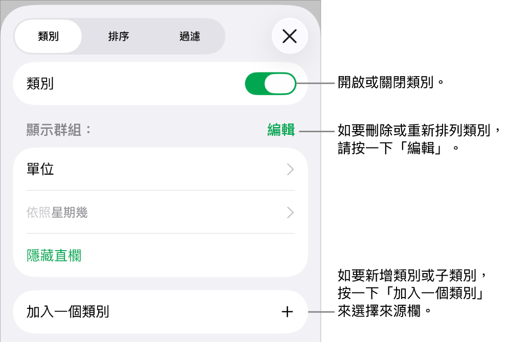 iPhone 版的「類別」選單包括以下選項:關閉類別、刪除類別、重新分類資料、隱藏來源欄和加入類別。