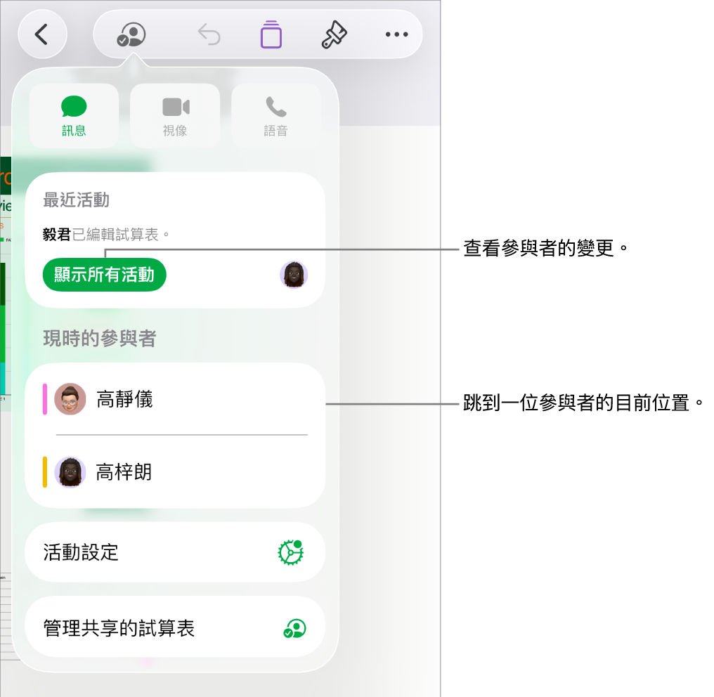 共同編輯選單,其中列出目前的參與者。