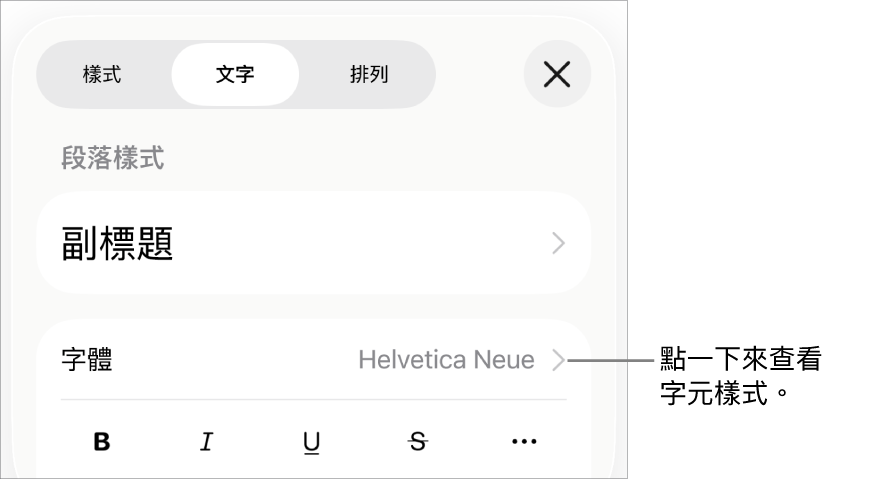 具備段落樣式的「格式」控制項目在最上方，然後是「字體」控制項目。「字體」下方為「粗體」、「斜體」、「底線」、「刪除線」和「更多文字選項」按鈕。