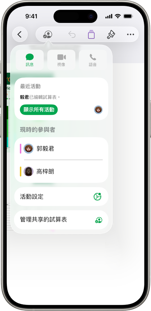 共同編輯選單，顯示共同編輯試算表的人員名稱。