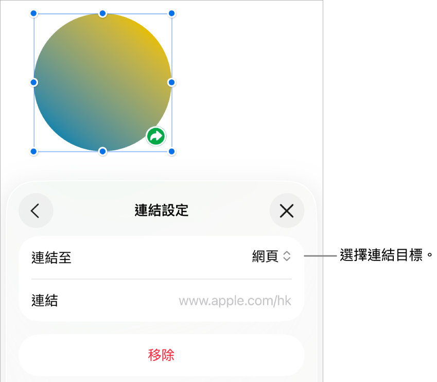 「連結設定」控制項目，其中已選取「網頁」，而「移除」按鈕則位於底部。