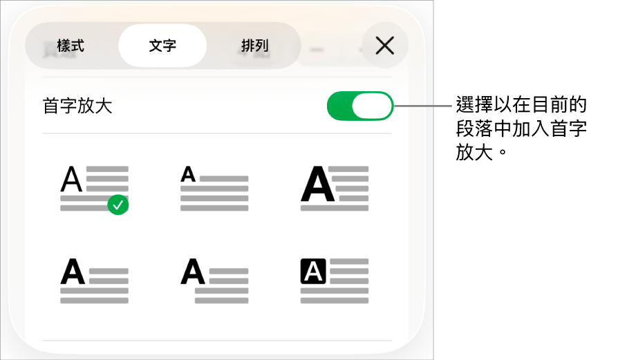 「首字放大」控制項目位於「文字」選單。