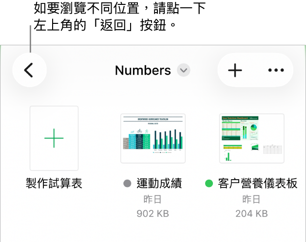 文件管理器的瀏覽顯示方式,左上角有一個位置連結,下面是「搜尋」欄位。右上角為「加入試算表」按鈕和「更多」按鈕。位於螢幕底部是「最近項目」按鈕和「瀏覽」按鈕。