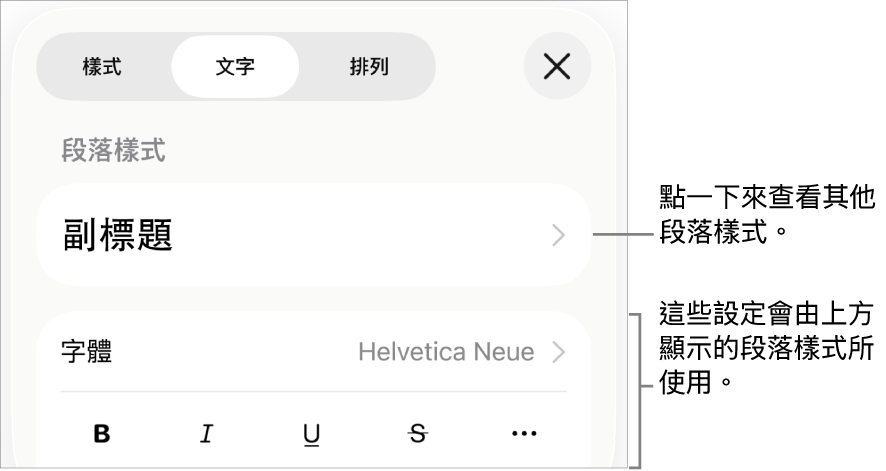 「格式」選單中顯示用於設定段落及字元樣式、字體、大小和顏色的文字控制項目。