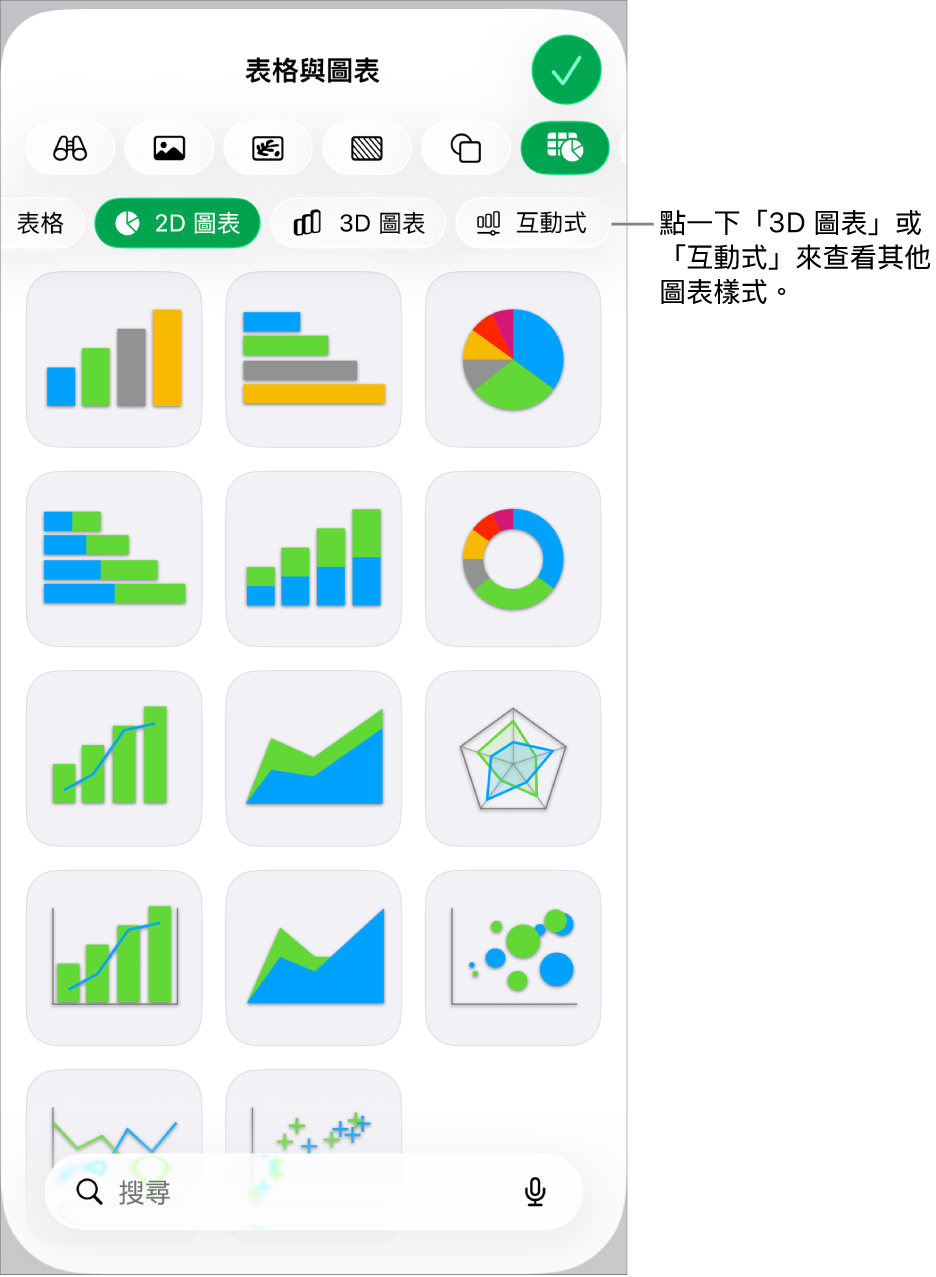 顯示 2D 圖表的圖表選單。