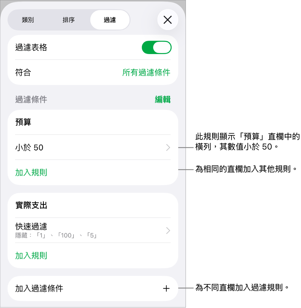 控制項目，用於加入新過濾規則或編輯現有過濾規則。