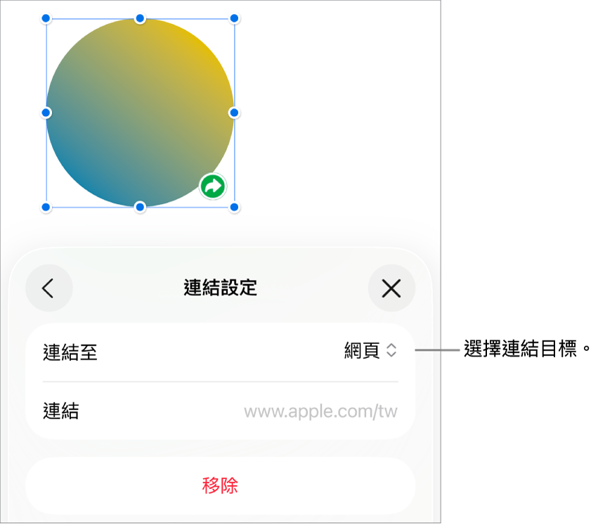 「連結設定」控制項目顯示已選取「網頁」,而「移除」按鈕位於底部。