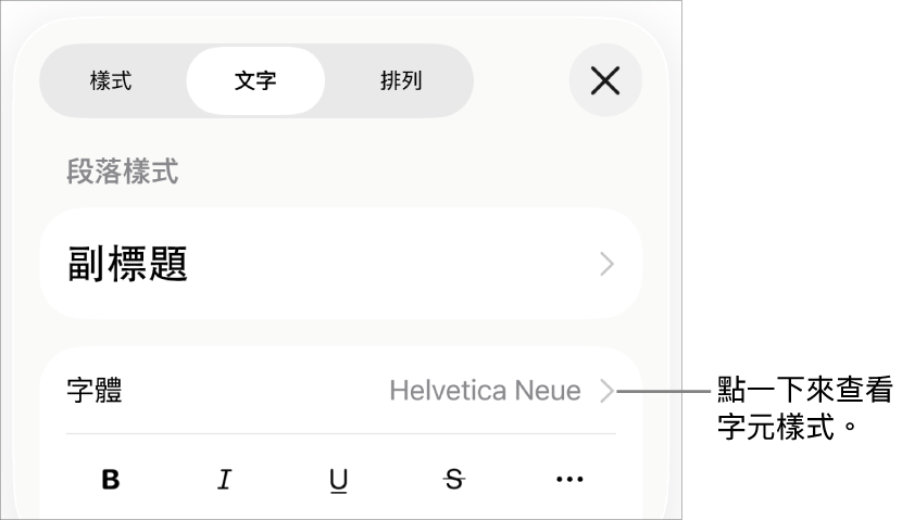 帶有段落樣式的「格式」控制項目位於最上方,然後是「字體」控制項目。「字體」下方為「粗體」、「斜體」、「底線」、「刪除線」和「更多文字選項」按鈕。