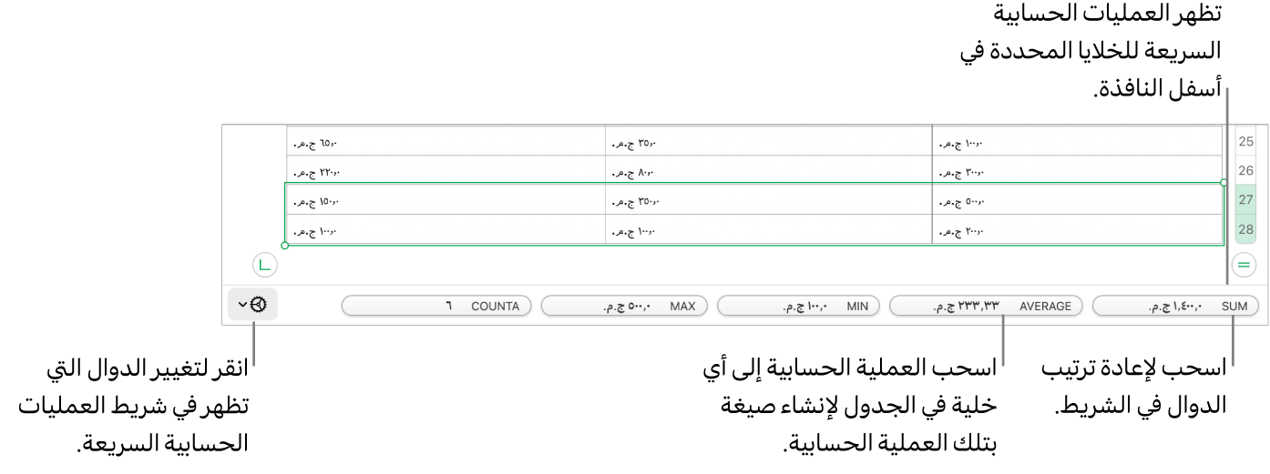 اسحب لإعادة ترتيب الدوال، أو اسحب عملية حسابية إلى خلية جدول لإضافتها، أو انقر على قائمة تغيير الدوال لتغيير الدوال التي يتم إظهارها.