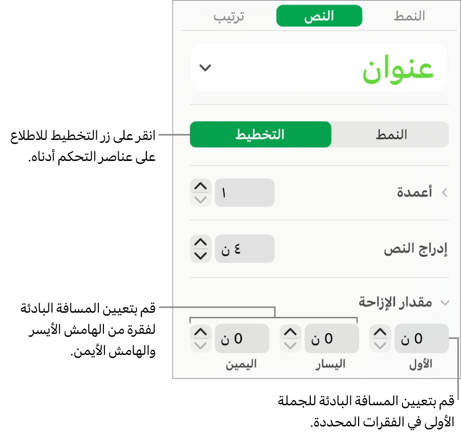 جزء التخطيط في شريط التنسيق الجانبي وتظهر به عناصر التحكم الخاصة بتعيين المسافة البادئة في السطر الأول وهوامش الفقرة.