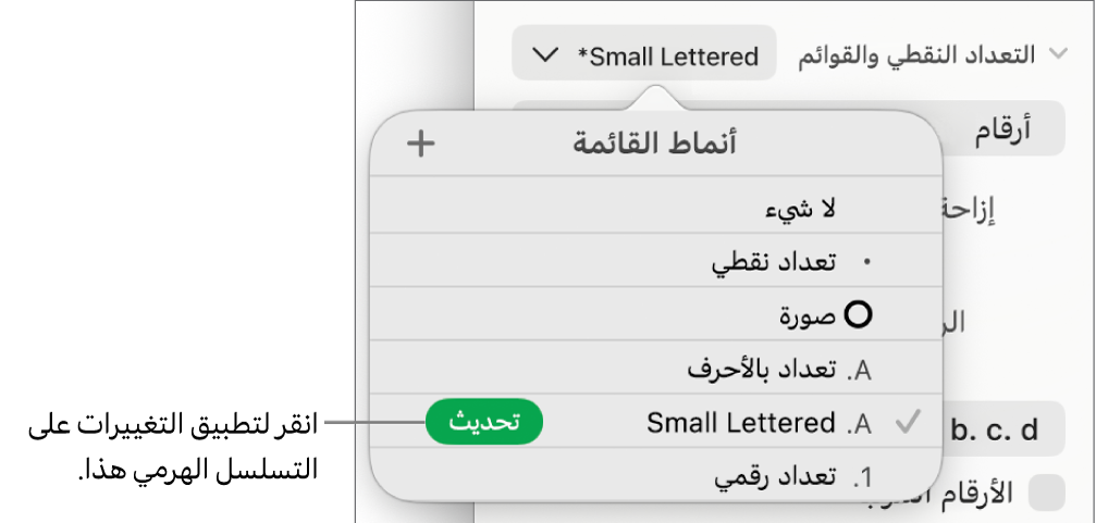 القائمة المنبثقة أنماط القائمة بها زر تحديث بجوار اسم النمط الجديد.