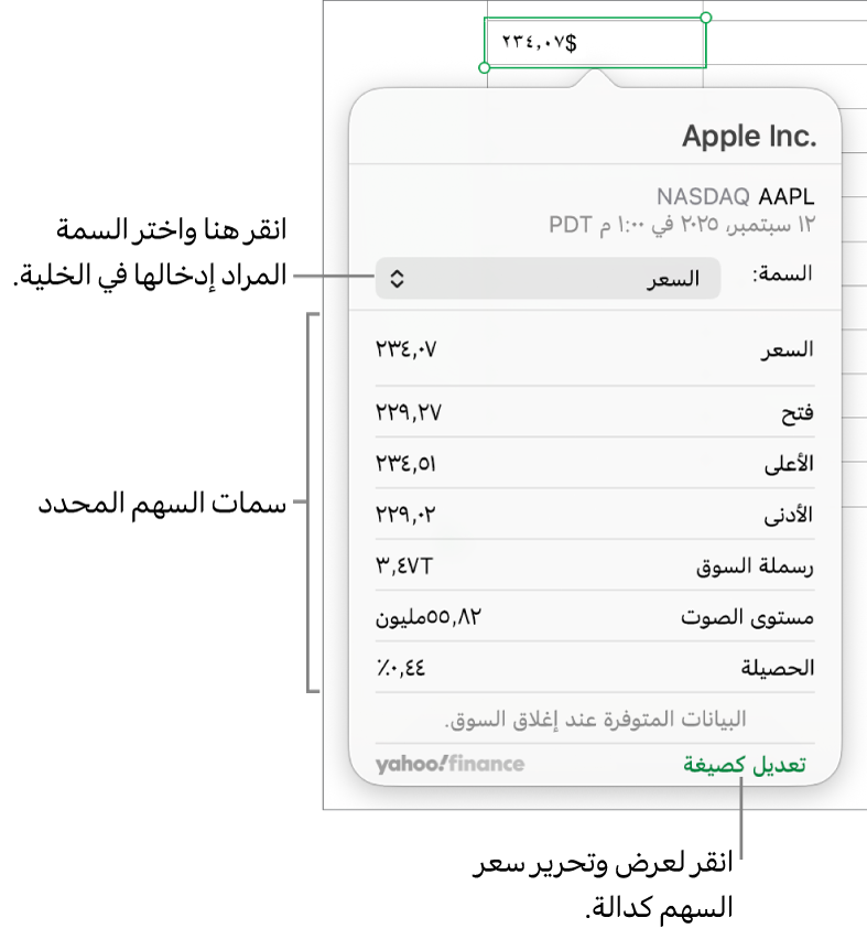 مربع حوار إدخال معلومات سمة السهم، مع تحديد Apple كسهم.