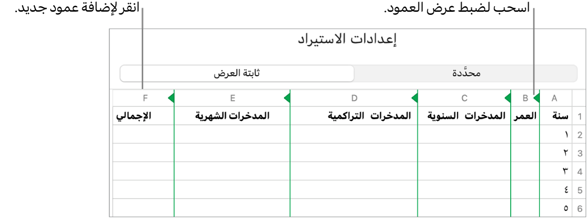 إعدادات الاستيراد لملف نصي ثابت العرض.
