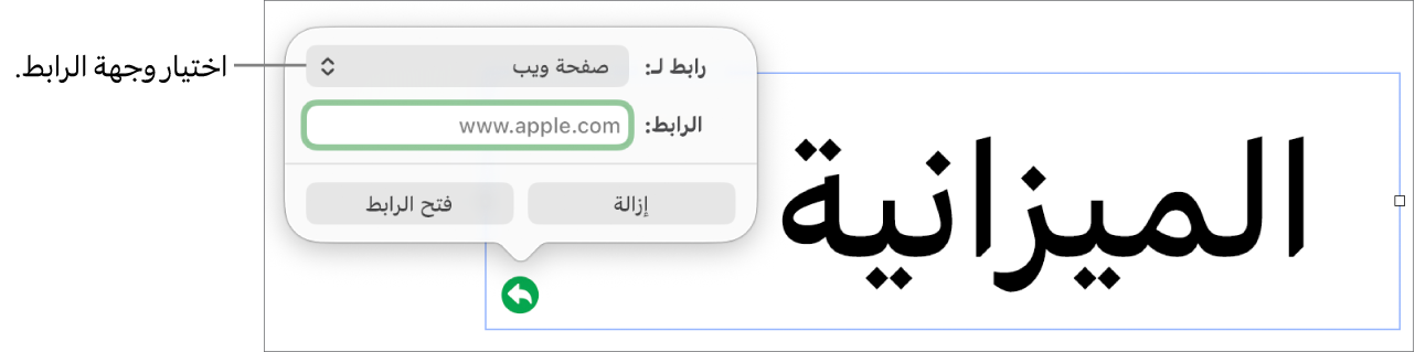 عناصر التحكم في محرر الرابط حيث يوجد الخيار صفحة الويب محددًا وتظهر أزرار إزالة وفتح الرابط في الأسفل.